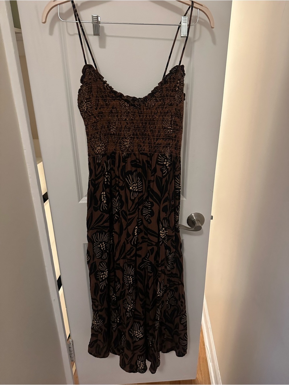 Free People Brown Floral Smocked Midi Dress with Adjustable Spaghetti Straps